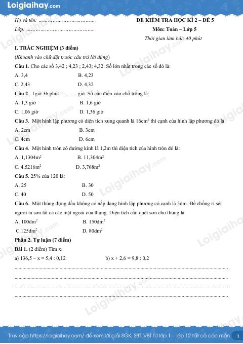 Đề số 5 - Đề kiểm tra học kì 2 - Toán lớp 5